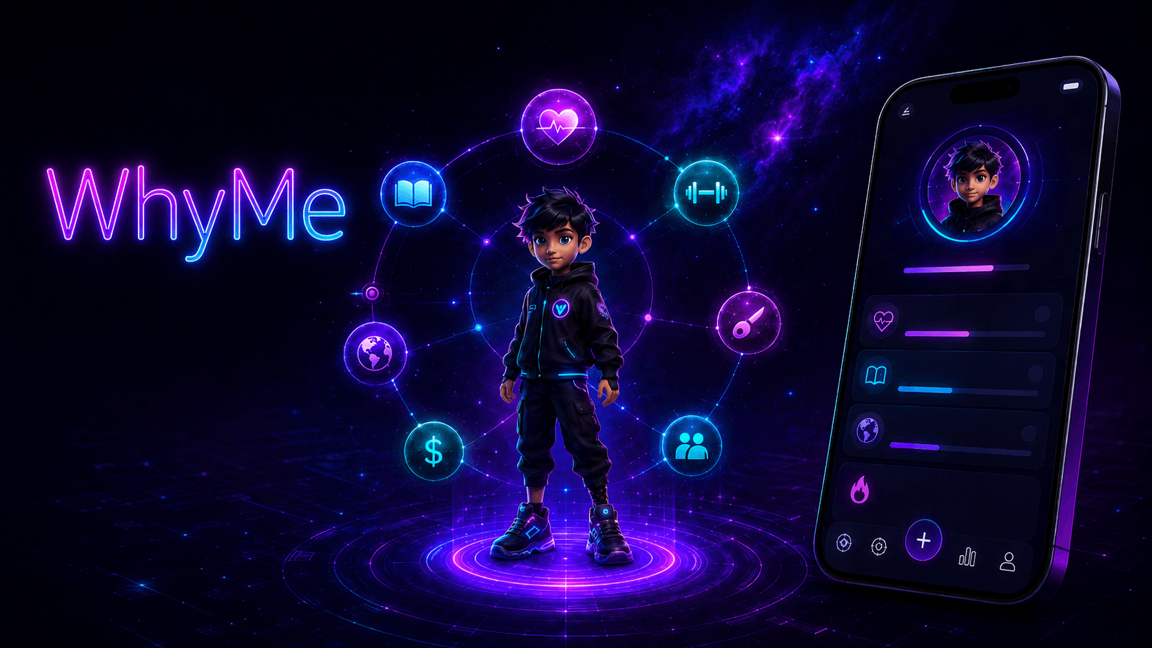 WhyMe visual universe with a central avatar, goal satellites, and a mobile app preview.